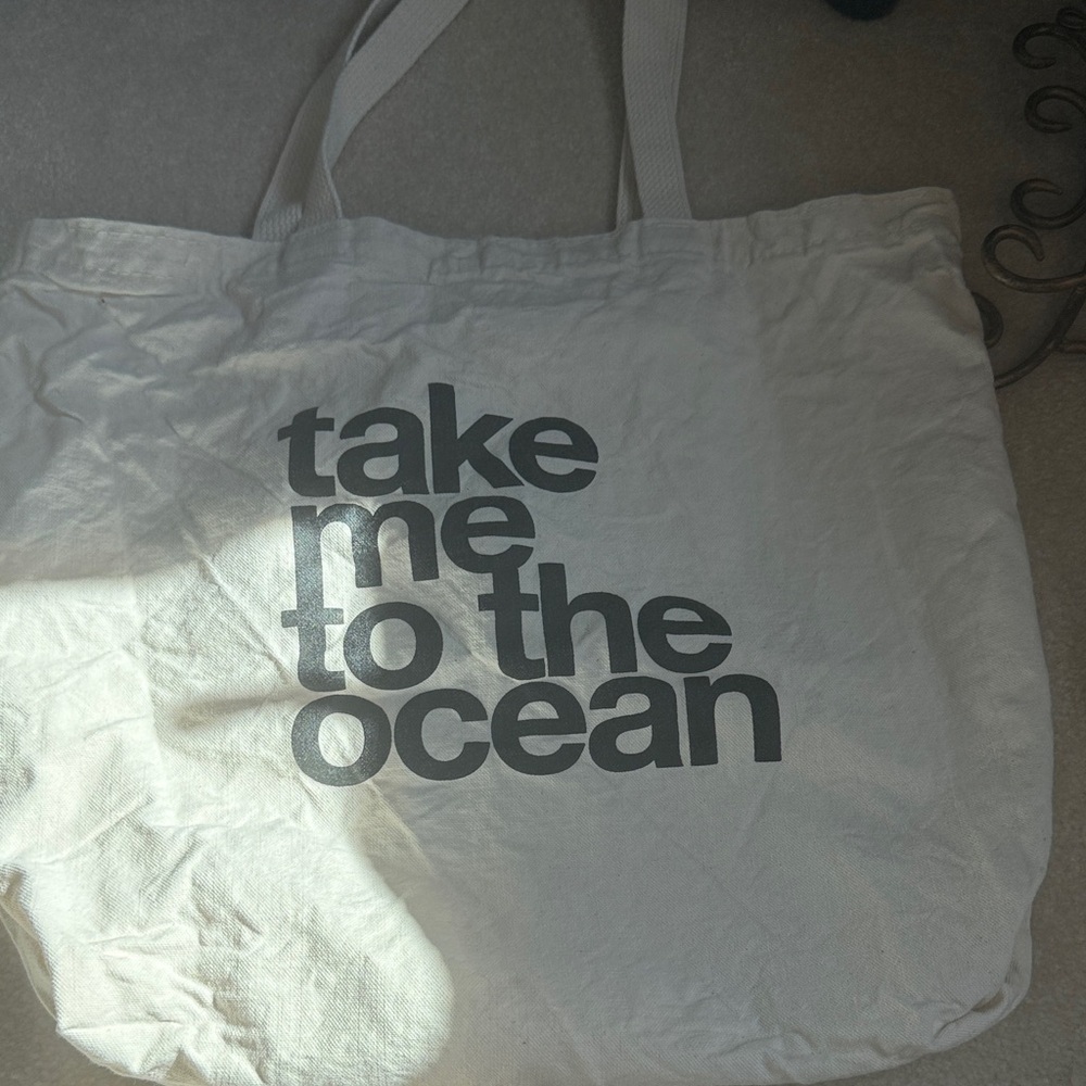 Dogeared White Canvas Tote with Black Text "take me to the ocean"